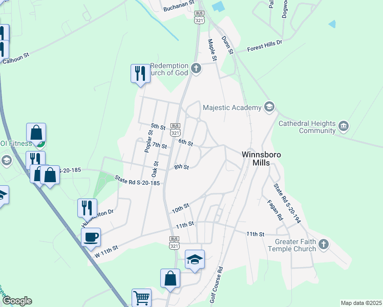 map of restaurants, bars, coffee shops, grocery stores, and more near 345 State Road S-20-192 in Winnsboro
