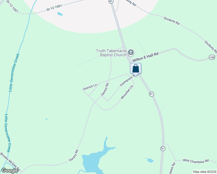 map of restaurants, bars, coffee shops, grocery stores, and more near 2305 Gentry Road in Starr