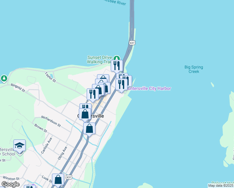map of restaurants, bars, coffee shops, grocery stores, and more near 309 Blount Avenue in Guntersville