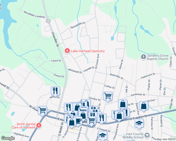 map of restaurants, bars, coffee shops, grocery stores, and more near 81 Cayuga Street in Hartwell