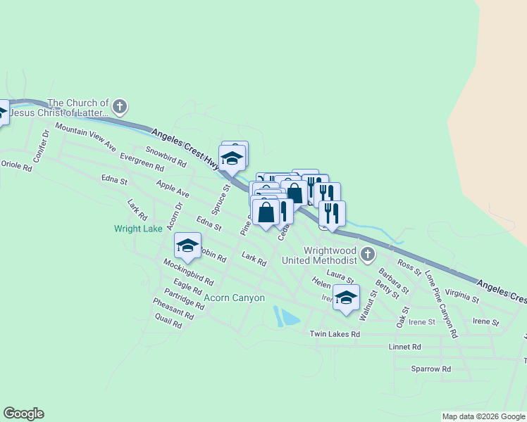 map of restaurants, bars, coffee shops, grocery stores, and more near 1258 Evergreen Road in Wrightwood
