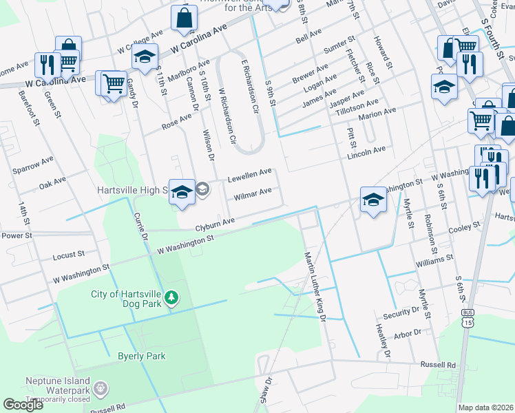map of restaurants, bars, coffee shops, grocery stores, and more near 514 Clyburn Avenue in Hartsville
