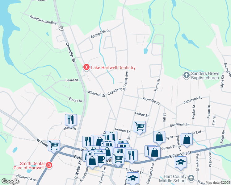 map of restaurants, bars, coffee shops, grocery stores, and more near 81 Cayuga Street in Hartwell
