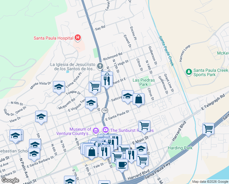 map of restaurants, bars, coffee shops, grocery stores, and more near 411 North Oak Street in Santa Paula