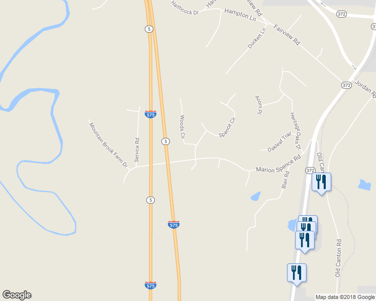 map of restaurants, bars, coffee shops, grocery stores, and more near 203 Woods Circle in Ball Ground