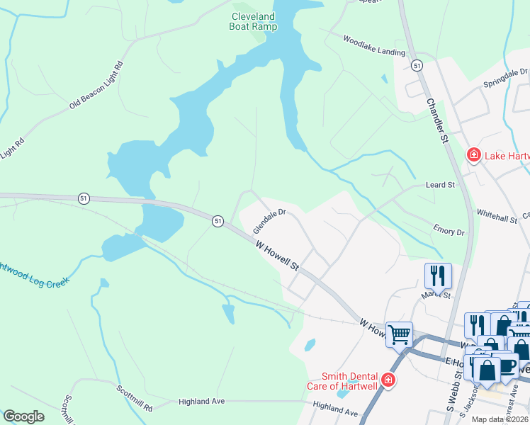 map of restaurants, bars, coffee shops, grocery stores, and more near 101 Glendale Drive in Hartwell
