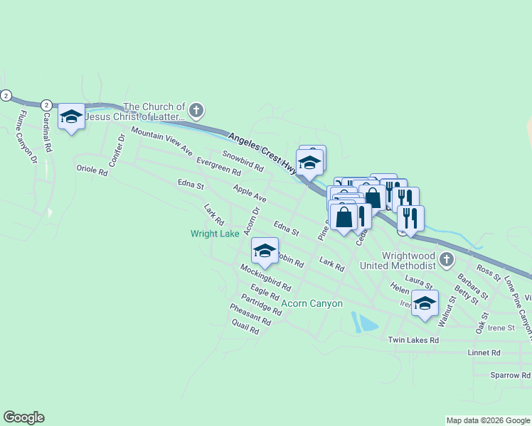 map of restaurants, bars, coffee shops, grocery stores, and more near 1058 Edna Street in Wrightwood