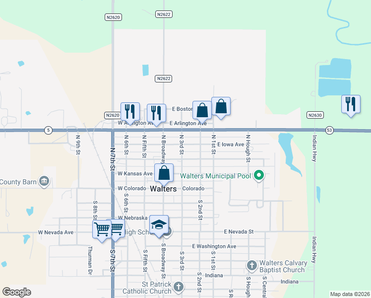 map of restaurants, bars, coffee shops, grocery stores, and more near 209 East Oklahoma Street in Walters
