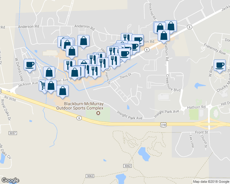 map of restaurants, bars, coffee shops, grocery stores, and more near 2104 Harris Drive in Oxford