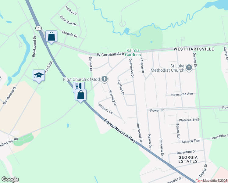 map of restaurants, bars, coffee shops, grocery stores, and more near 1860 Garland Drive in Hartsville