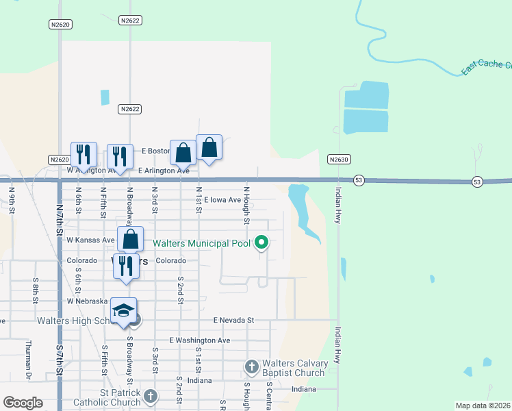 map of restaurants, bars, coffee shops, grocery stores, and more near 505 East Oklahoma Avenue in Walters