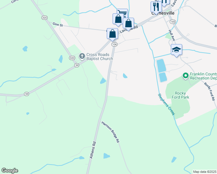map of restaurants, bars, coffee shops, grocery stores, and more near 8568 Athens Road in Carnesville