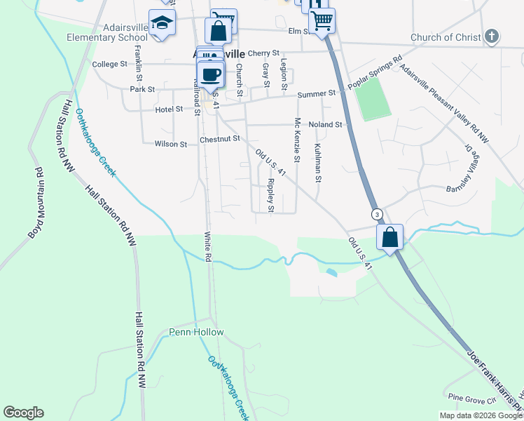 map of restaurants, bars, coffee shops, grocery stores, and more near 101 Bruce Street in Adairsville