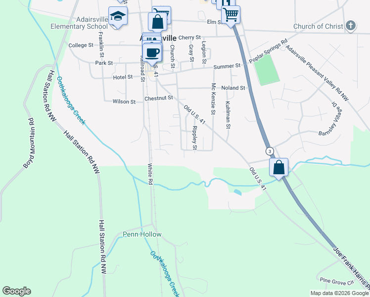 map of restaurants, bars, coffee shops, grocery stores, and more near 106 Bruce Street in Adairsville