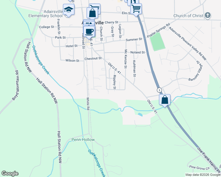 map of restaurants, bars, coffee shops, grocery stores, and more near 101 Bruce Street in Adairsville