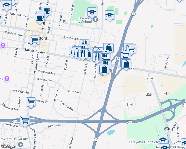 map of restaurants, bars, coffee shops, grocery stores, and more near 610 McLarty Road in Oxford