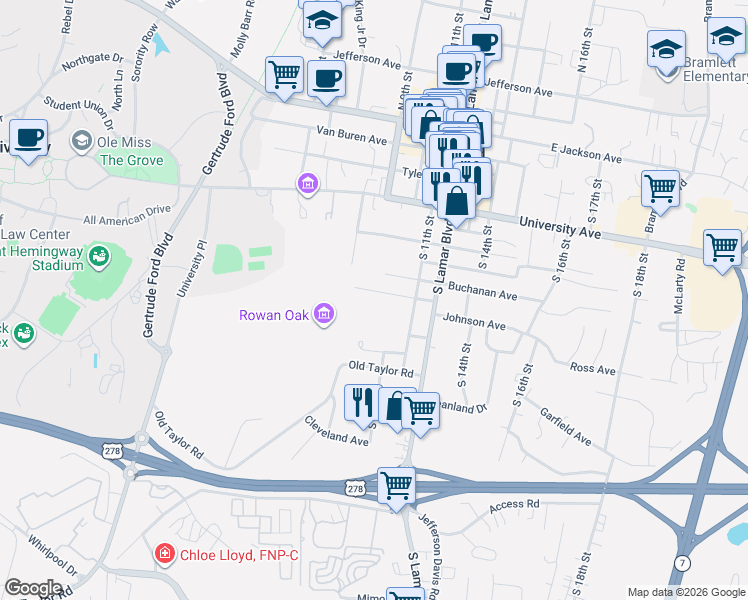 map of restaurants, bars, coffee shops, grocery stores, and more near 801-999 Lincoln Avenue in Oxford