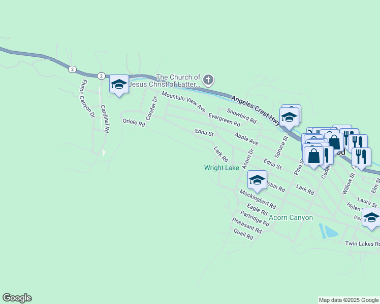 map of restaurants, bars, coffee shops, grocery stores, and more near 797 Oriole Road in Wrightwood
