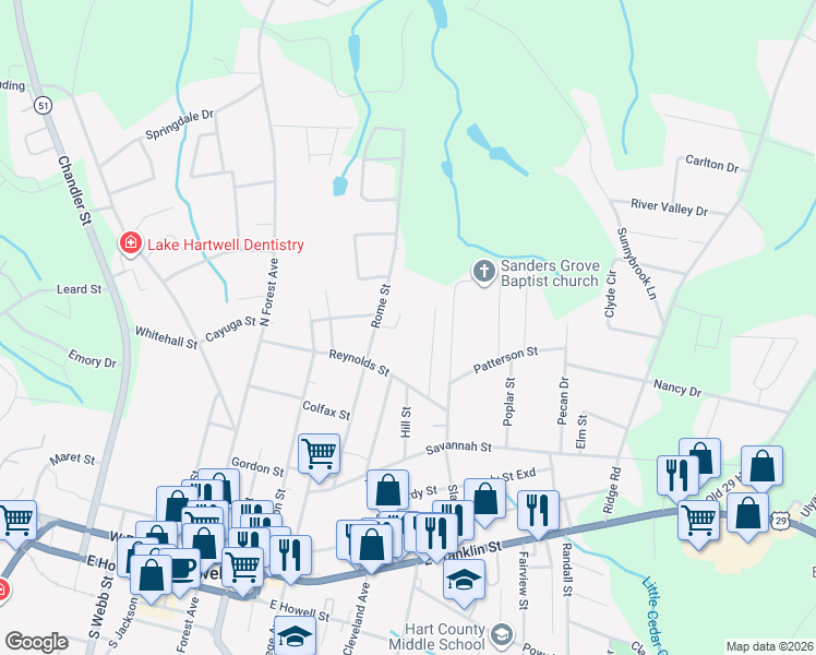 map of restaurants, bars, coffee shops, grocery stores, and more near 117 Clover Street in Hartwell