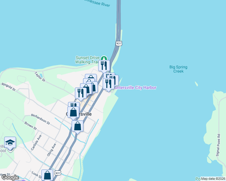 map of restaurants, bars, coffee shops, grocery stores, and more near 309 Blount Avenue in Guntersville