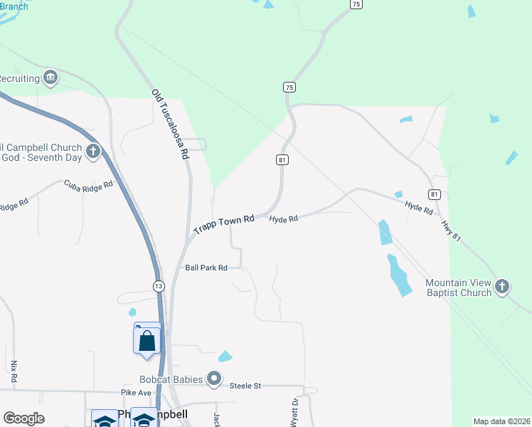 map of restaurants, bars, coffee shops, grocery stores, and more near 240-354 Hyde Road in Phil Campbell