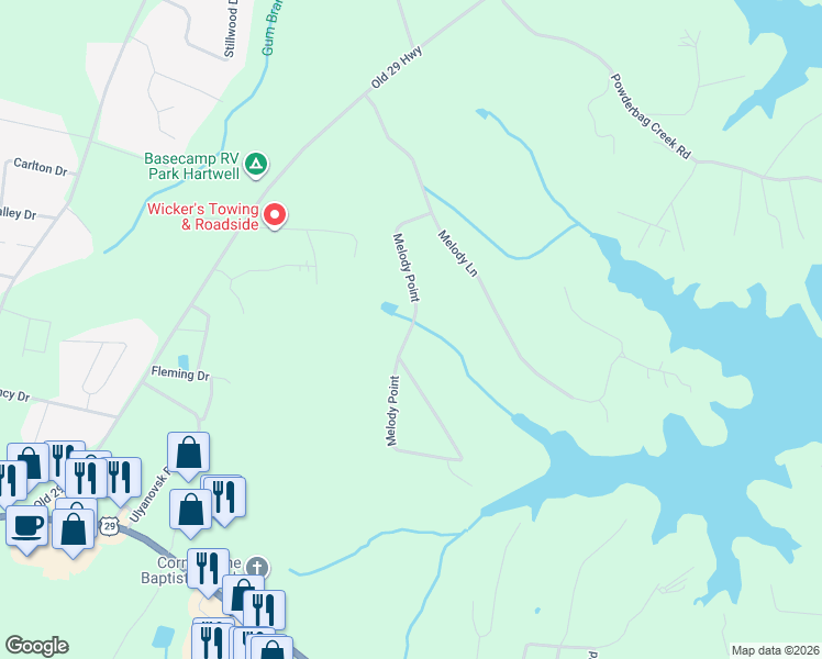 map of restaurants, bars, coffee shops, grocery stores, and more near Melody Point in Hartwell