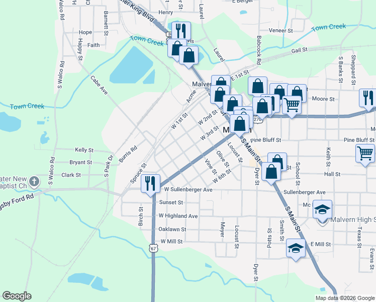 map of restaurants, bars, coffee shops, grocery stores, and more near 314 Pecan Street in Malvern
