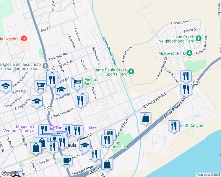 map of restaurants, bars, coffee shops, grocery stores, and more near 315 Guiberson Street in Santa Paula