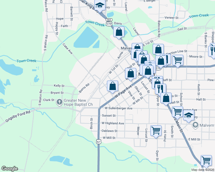 map of restaurants, bars, coffee shops, grocery stores, and more near 606 West 3rd Street in Malvern