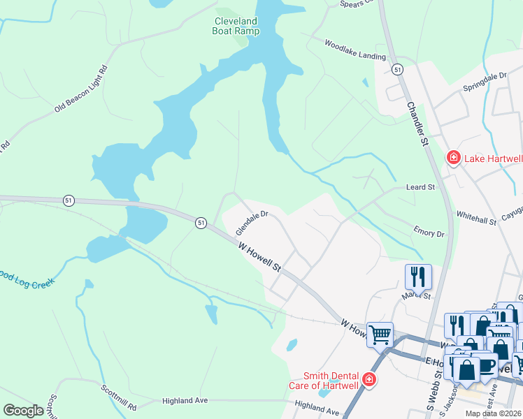 map of restaurants, bars, coffee shops, grocery stores, and more near 101 Glendale Drive in Hartwell