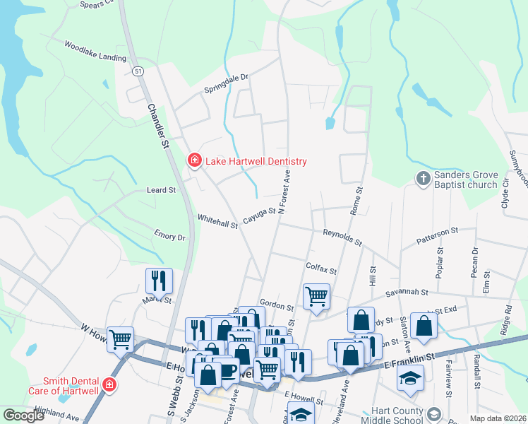 map of restaurants, bars, coffee shops, grocery stores, and more near 81 Cayuga Street in Hartwell