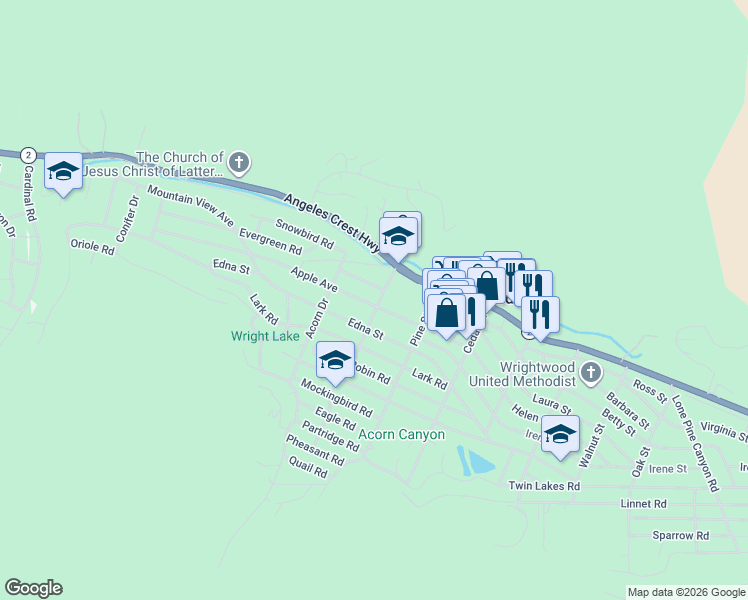map of restaurants, bars, coffee shops, grocery stores, and more near 1131 Apple Avenue in Wrightwood