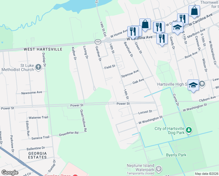 map of restaurants, bars, coffee shops, grocery stores, and more near 512 14th Street in Hartsville