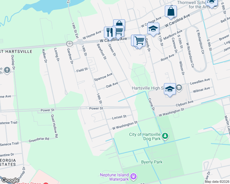 map of restaurants, bars, coffee shops, grocery stores, and more near 907 Hannah Avenue in Hartsville