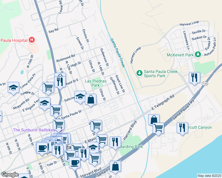 map of restaurants, bars, coffee shops, grocery stores, and more near 313 North 14th Street in Santa Paula