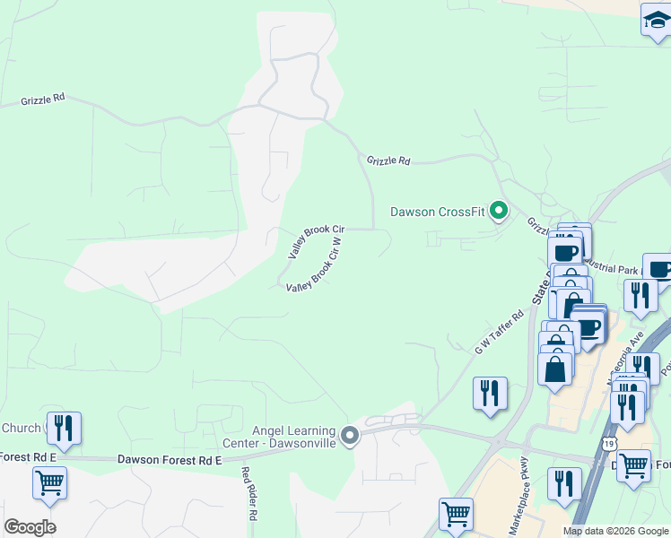 map of restaurants, bars, coffee shops, grocery stores, and more near 502 Valley Brook Circle West in Dawsonville