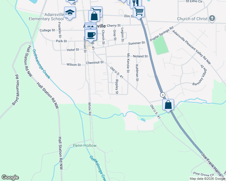 map of restaurants, bars, coffee shops, grocery stores, and more near 97 Bruce Street in Adairsville