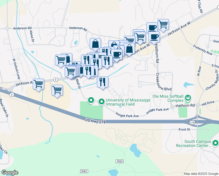 map of restaurants, bars, coffee shops, grocery stores, and more near 2104 Harris Drive in Oxford