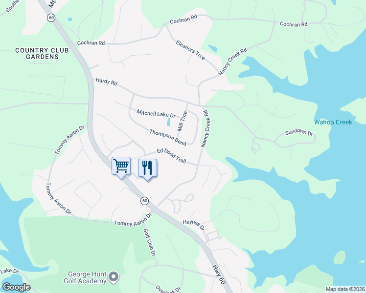 map of restaurants, bars, coffee shops, grocery stores, and more near 3582 Thompson Bend in Gainesville