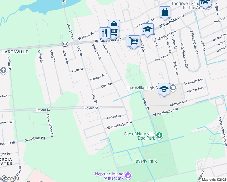 map of restaurants, bars, coffee shops, grocery stores, and more near 907 Hannah Avenue in Hartsville