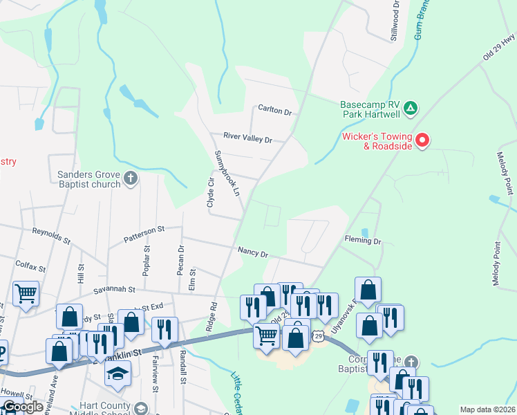 map of restaurants, bars, coffee shops, grocery stores, and more near 96 Sunnybrook Lane in Hartwell