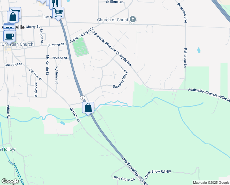 map of restaurants, bars, coffee shops, grocery stores, and more near 21 Madison Lane in Adairsville