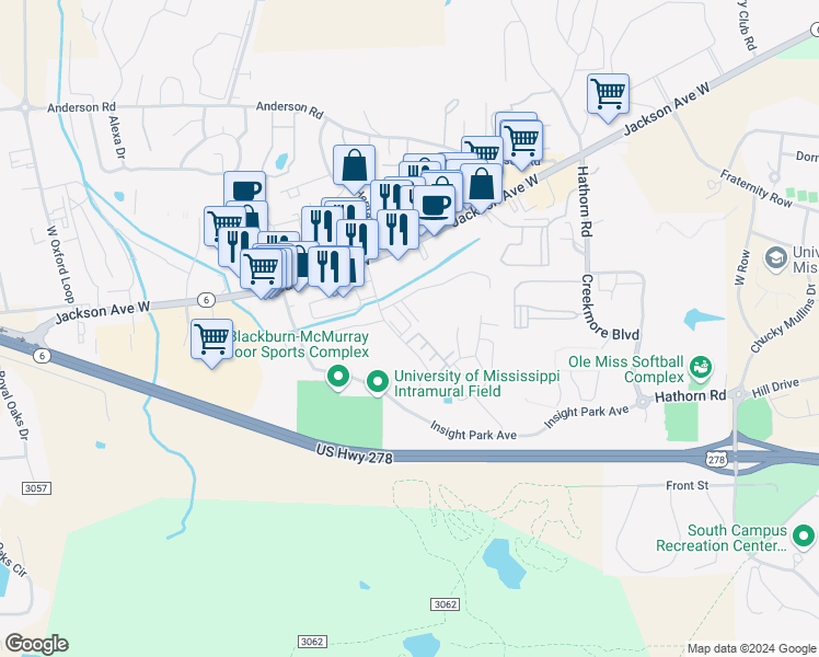 map of restaurants, bars, coffee shops, grocery stores, and more near 2104 Harris Drive in Oxford
