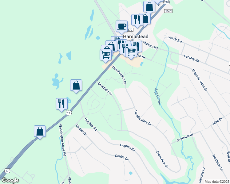 map of restaurants, bars, coffee shops, grocery stores, and more near 113 Deerfield Drive in Hampstead