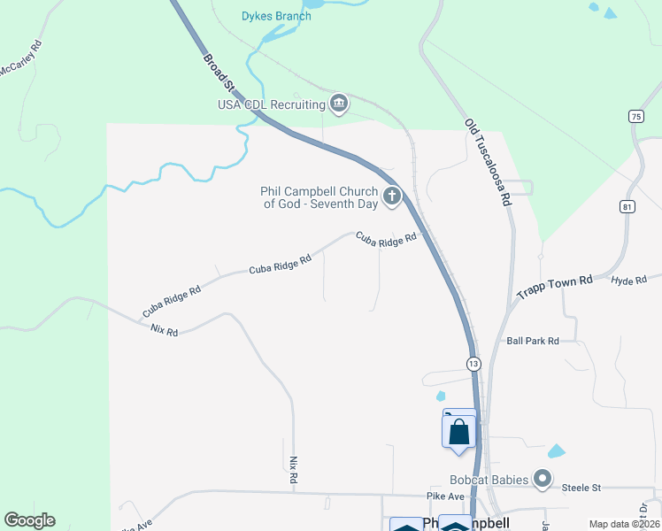 map of restaurants, bars, coffee shops, grocery stores, and more near 164 Douglas Drive in Phil Campbell