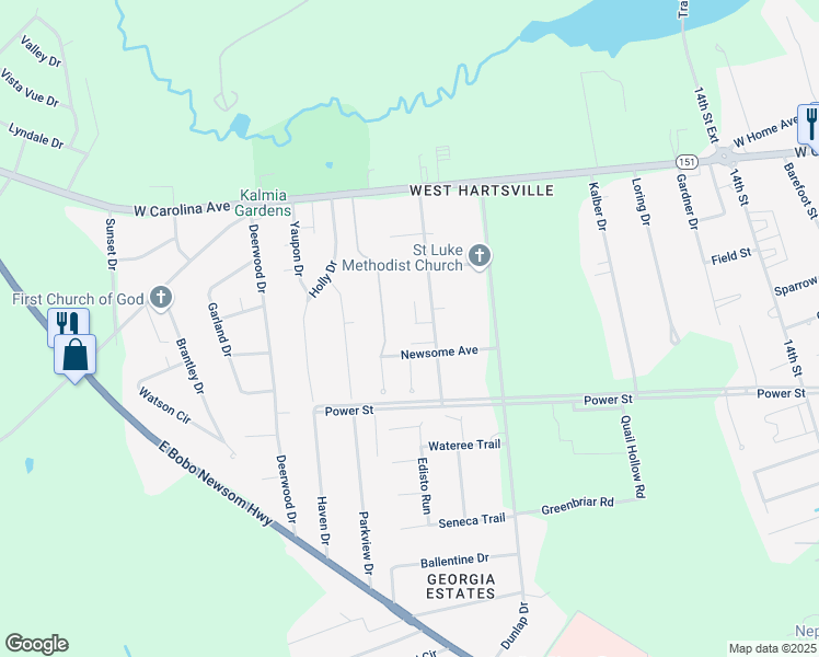 map of restaurants, bars, coffee shops, grocery stores, and more near 232 Saville Row Road in Hartsville