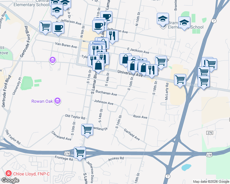 map of restaurants, bars, coffee shops, grocery stores, and more near 1411 Pierce Avenue in Oxford