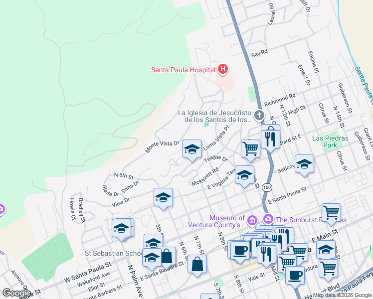 map of restaurants, bars, coffee shops, grocery stores, and more near 800 Manor Ridge Road in Santa Paula