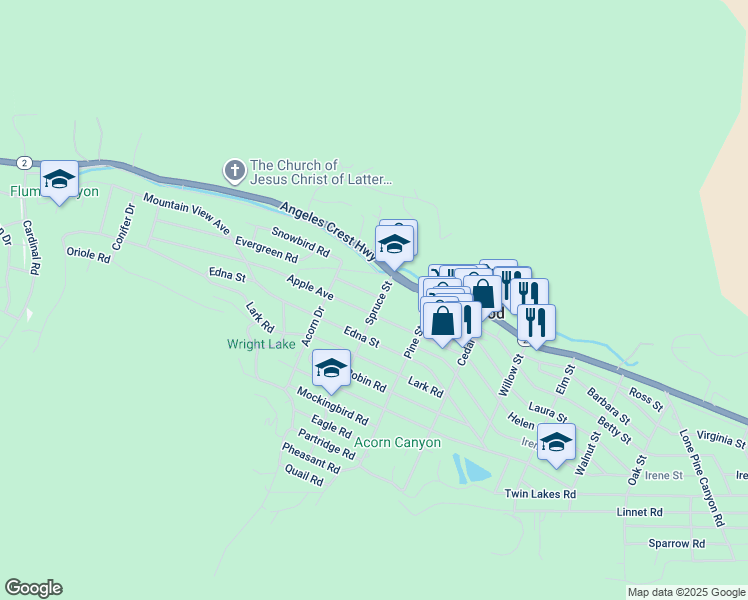 map of restaurants, bars, coffee shops, grocery stores, and more near 1102 Evergreen Road in Wrightwood
