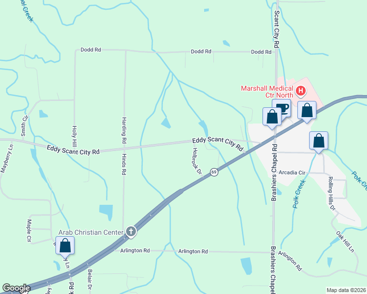 map of restaurants, bars, coffee shops, grocery stores, and more near 4377 Eddy Scant City Road in Arab